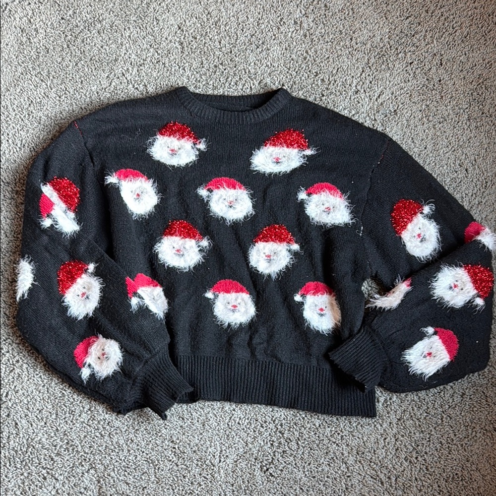 Festive Black Sweater with Santa Faces